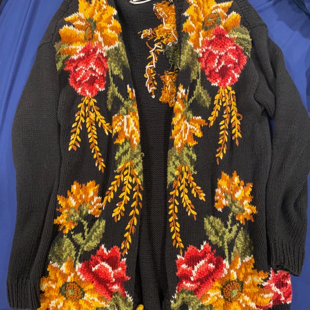 Black Knit Sweater/Cardigan with Floral Design